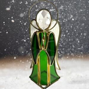 VTG Green Stained Glass Gold Tone Angel Candle Votive Holder Signed Leny 1979